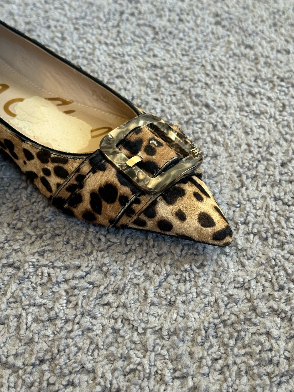 Sam Edelman Leopard Print Pointed Toe Buckle Flats - Tan/Black - Picture 3 of 10